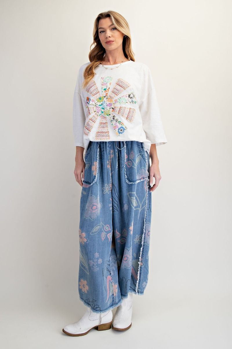 Easel Floral Print Washed Chambray Pants Light Denim