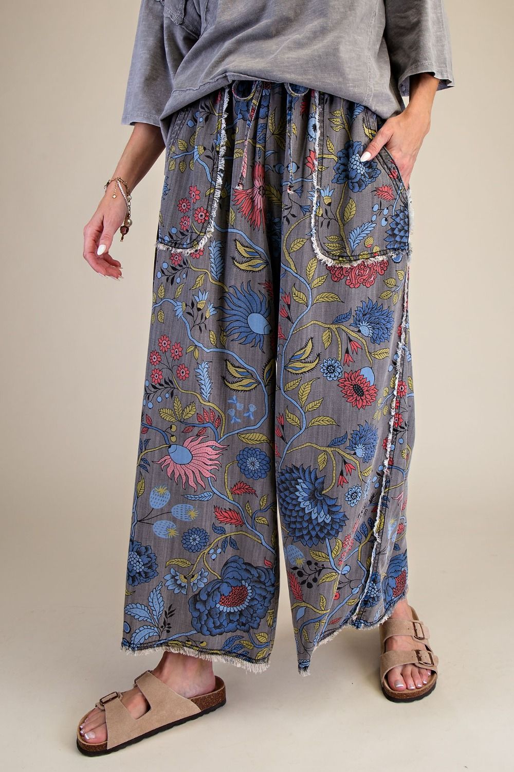 Easel Black Denim Floral Print Pants