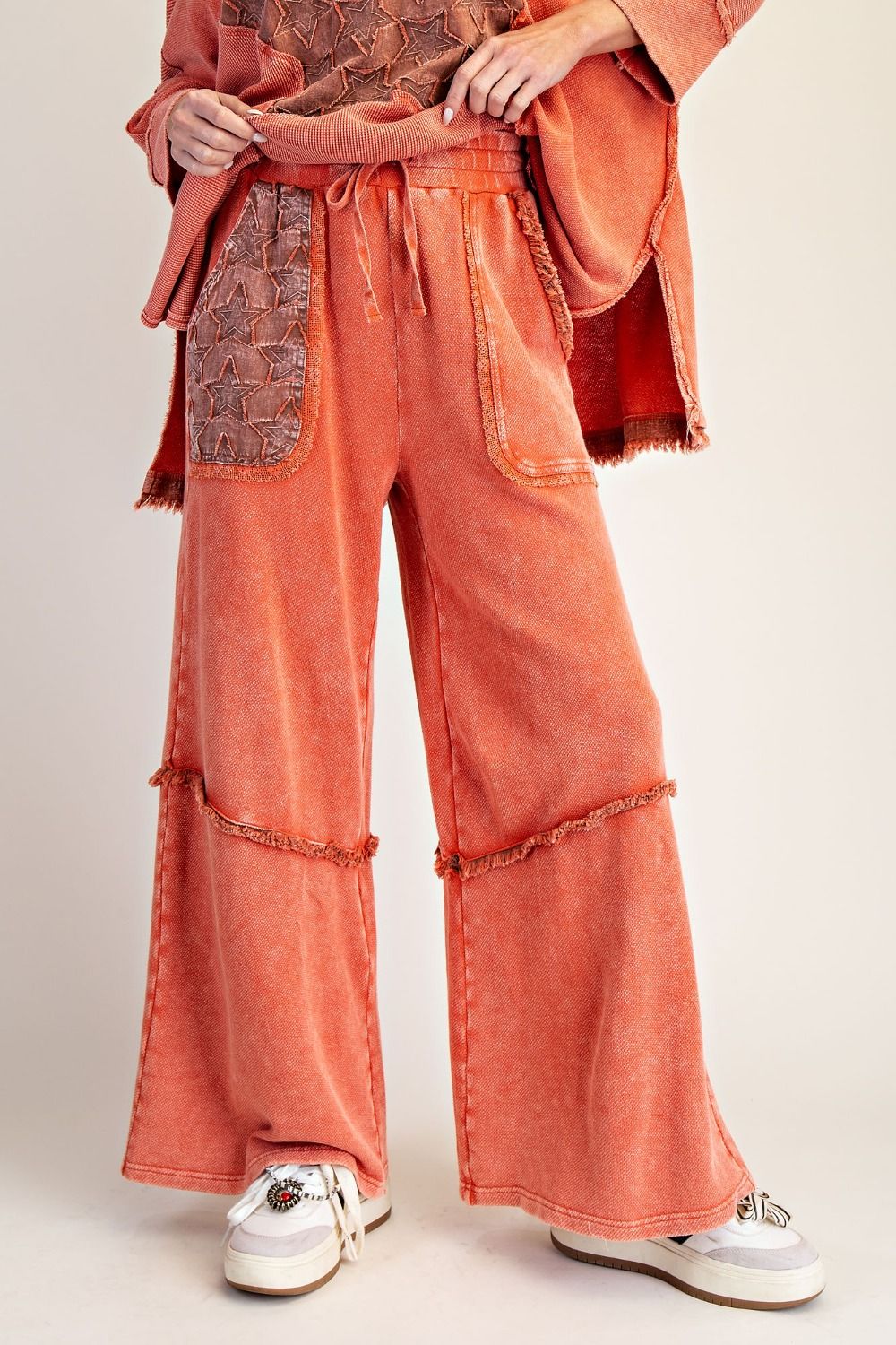 Easel Burnt Orange Star Patch Washed Terry Pants