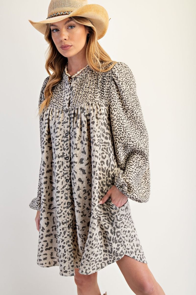 Long Sleeve Animal Printed Dress Mushroom