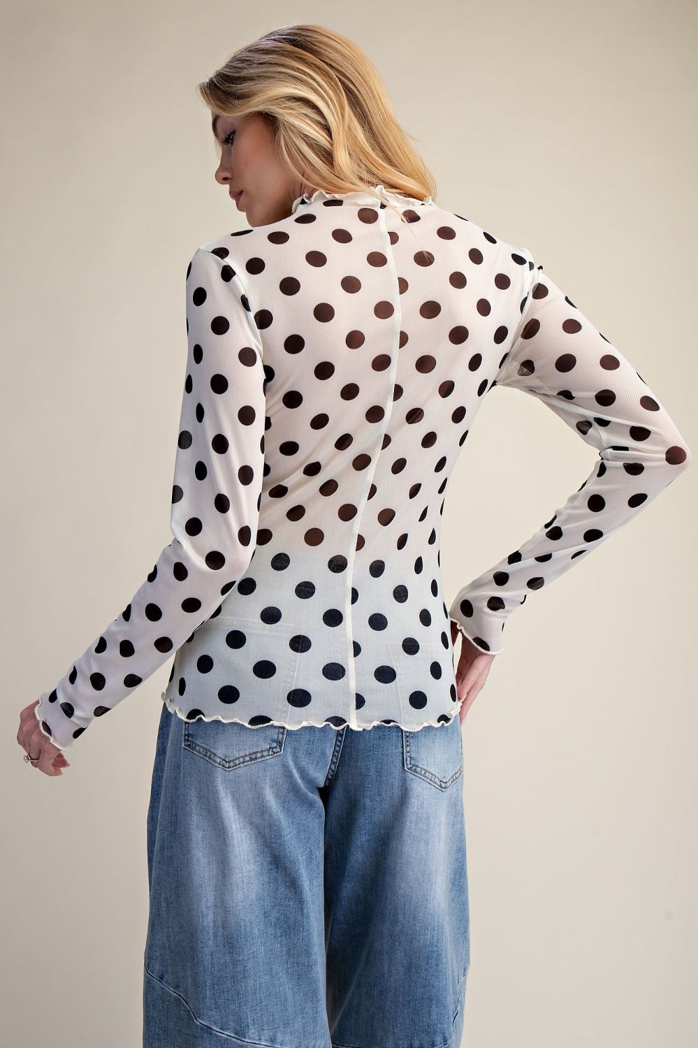 Easel Ivory Polka Dot Mesh Top