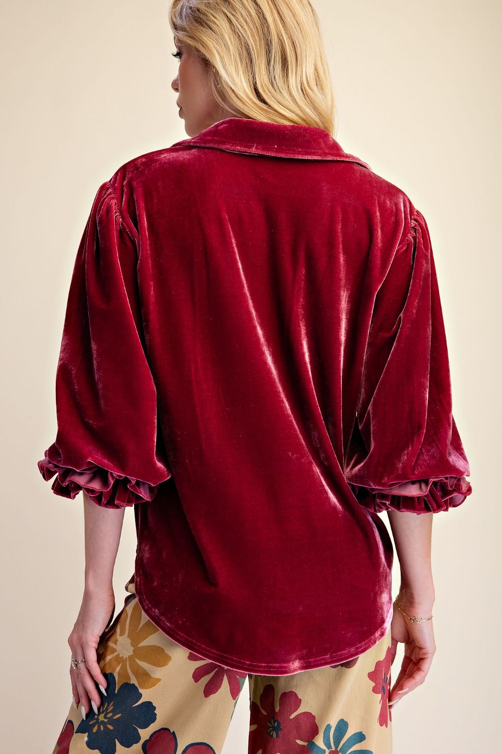 Easel Raspberry Velvet Button Down Top