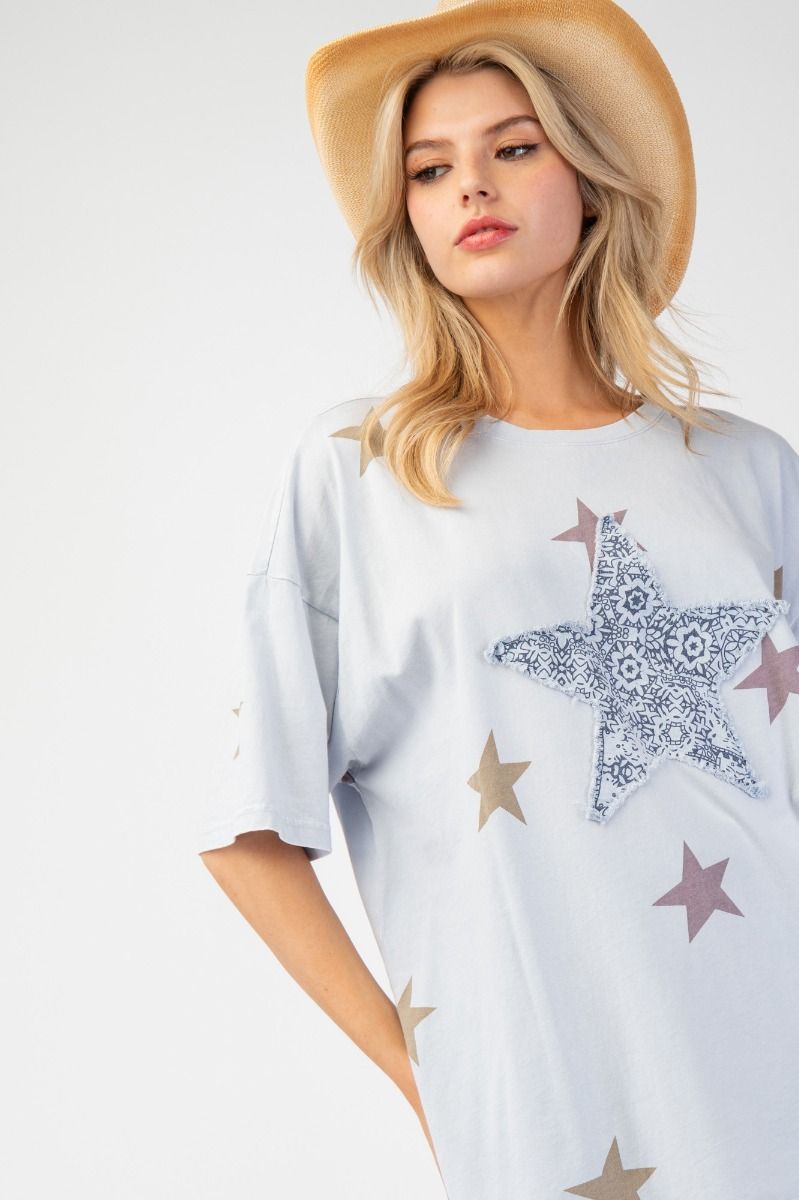 Easel Star Patch and Print Top Cotton Blue