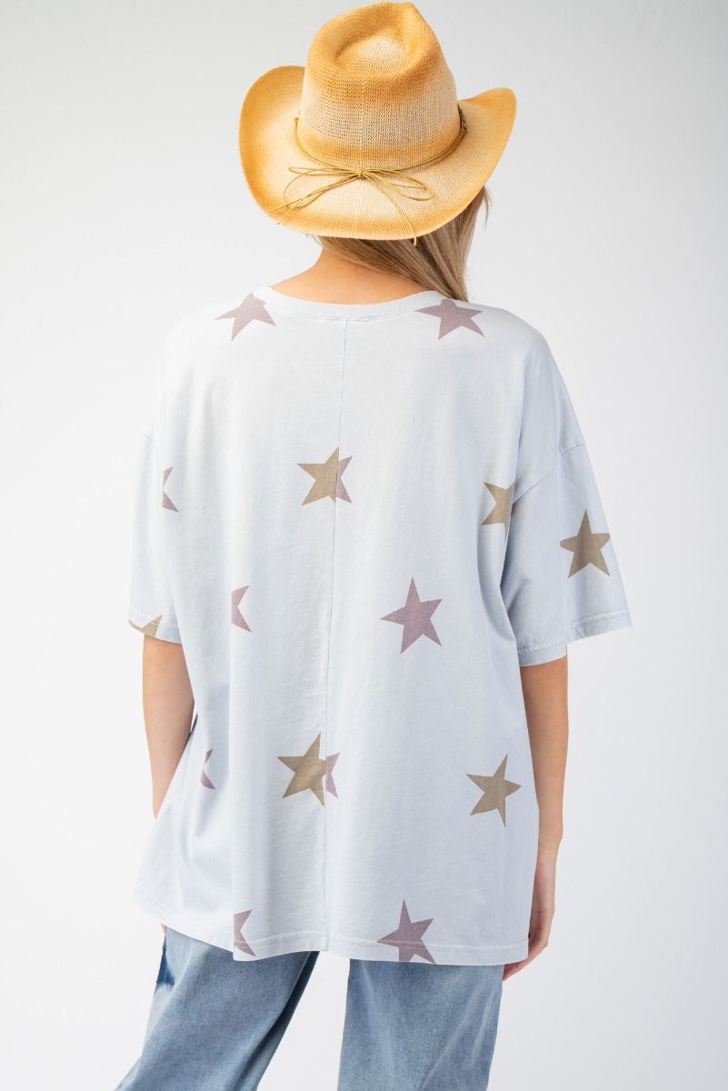 Easel Star Patch and Print Top Cotton Blue