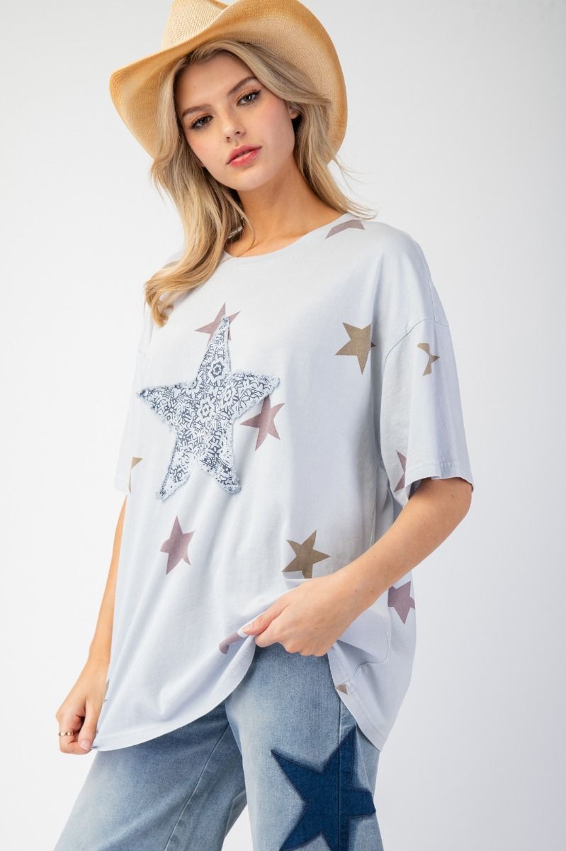 Easel Star Patch and Print Top Cotton Blue