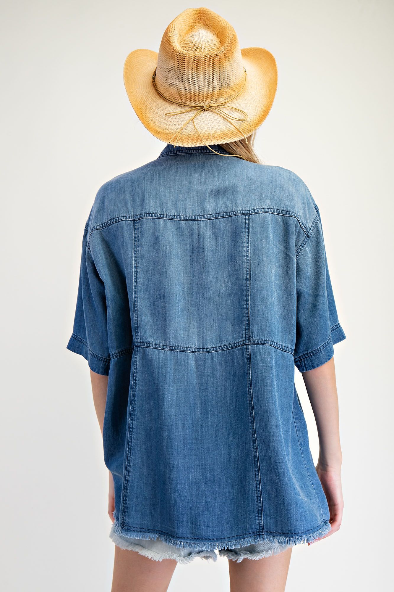 Easel Short Sleeve Denim Button Up Top