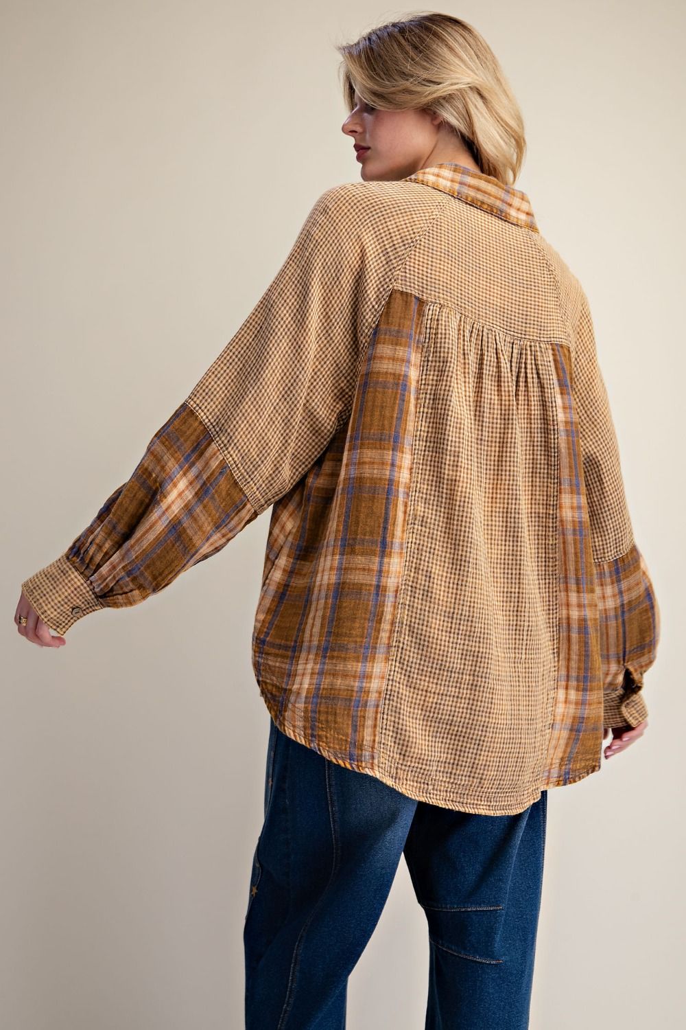 Easel Brown Plaid Stripe Cotton Gauze Top