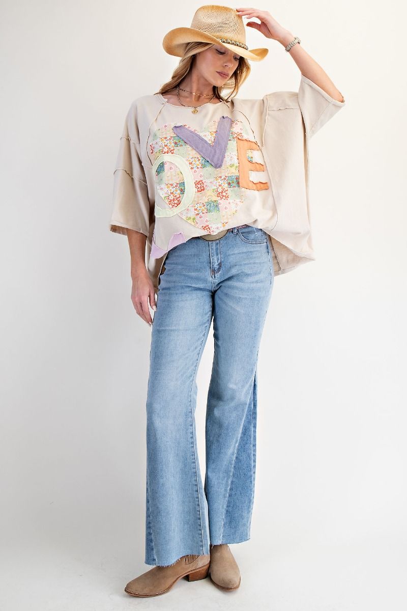 Easel Lt Khaki Love Patch Boxy Top