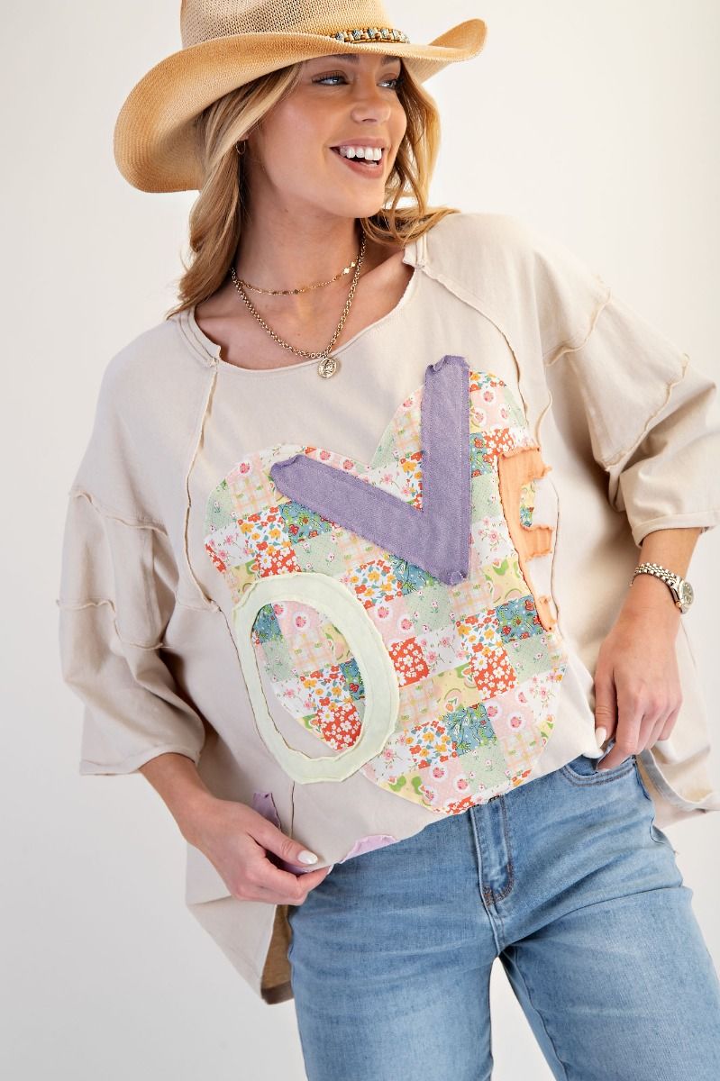 Easel Lt Khaki Love Patch Boxy Top