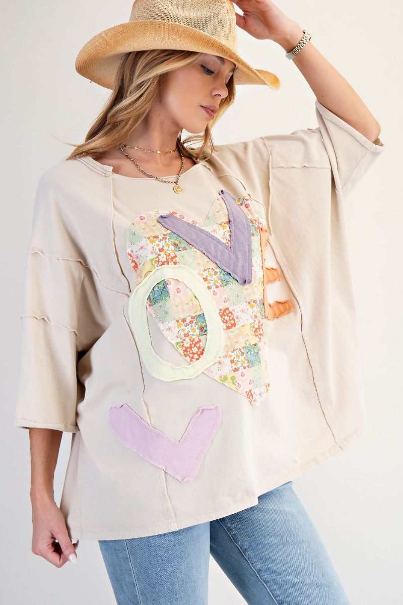 Easel Lt Khaki Love Patch Boxy Top