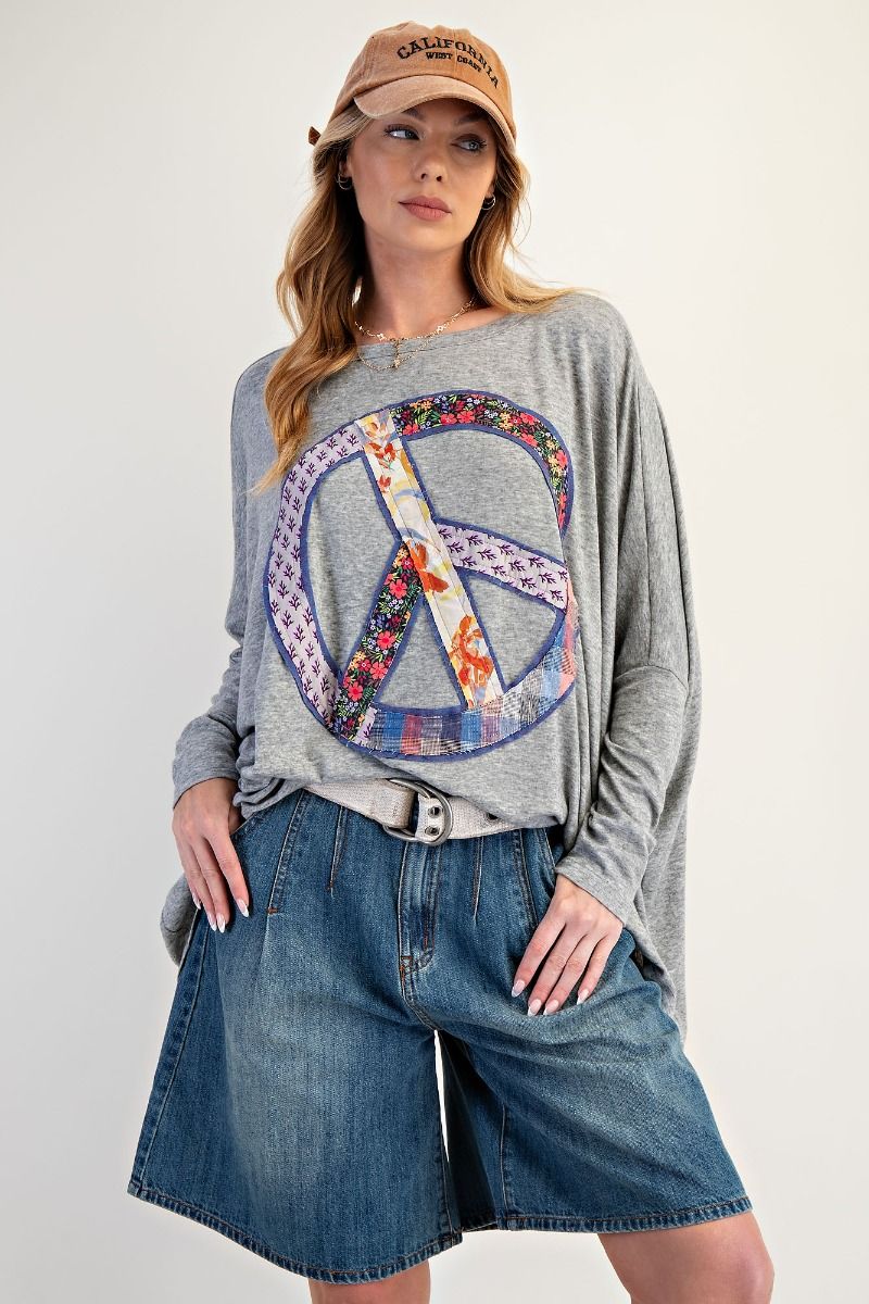 Easel Peace Patch Long Sleeve Top Heather Grey