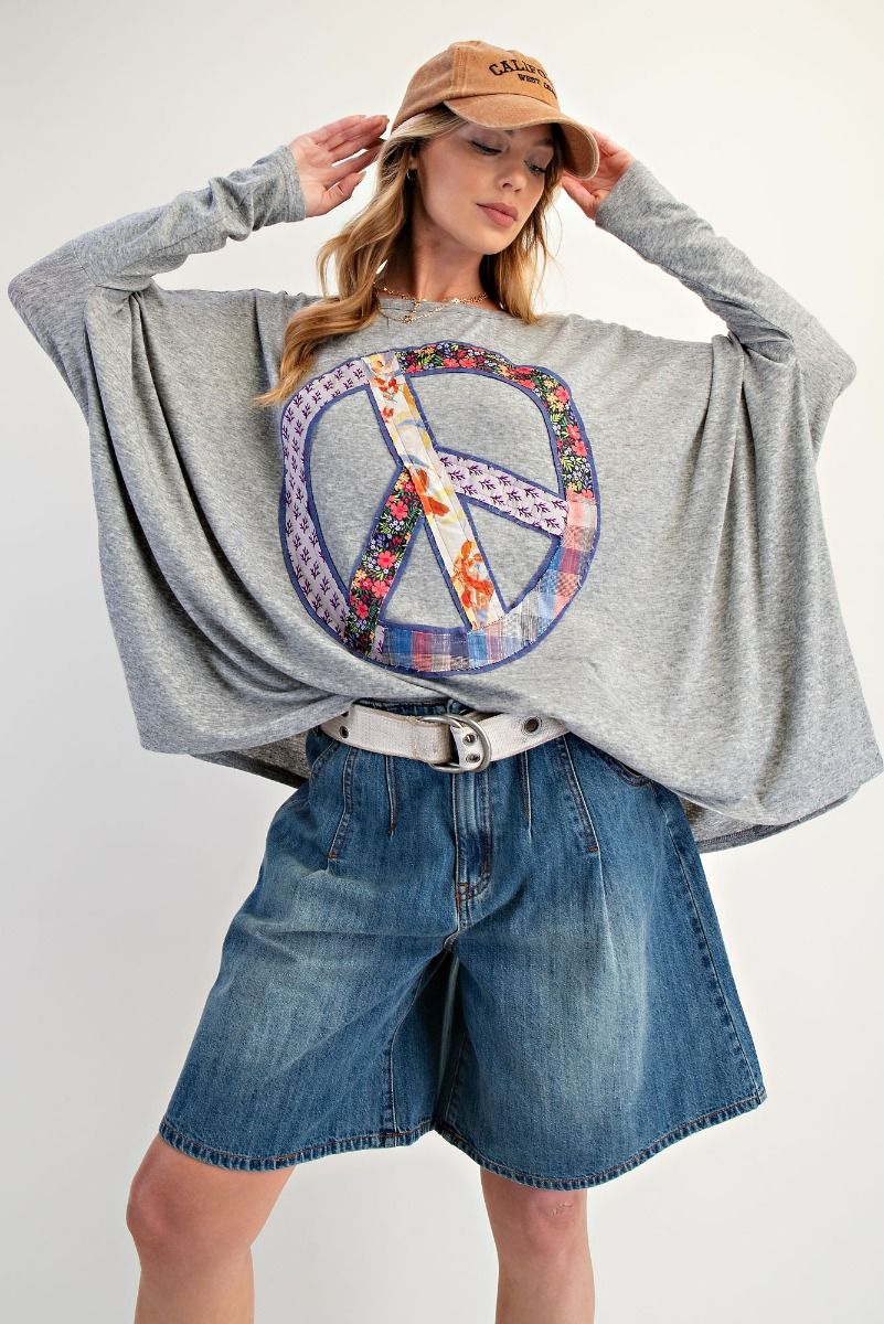 Easel Peace Patch Long Sleeve Top Heather Grey