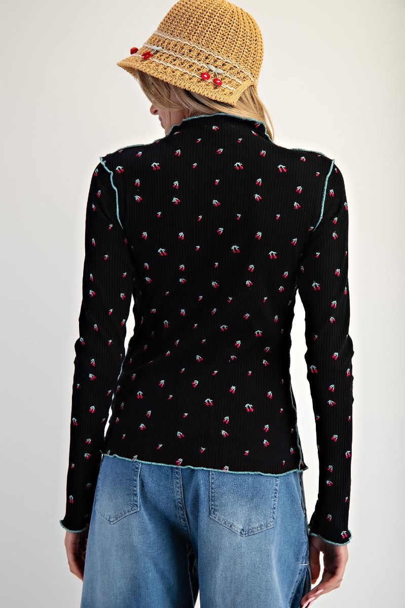 Cherry Embroidered Thermal Top Black