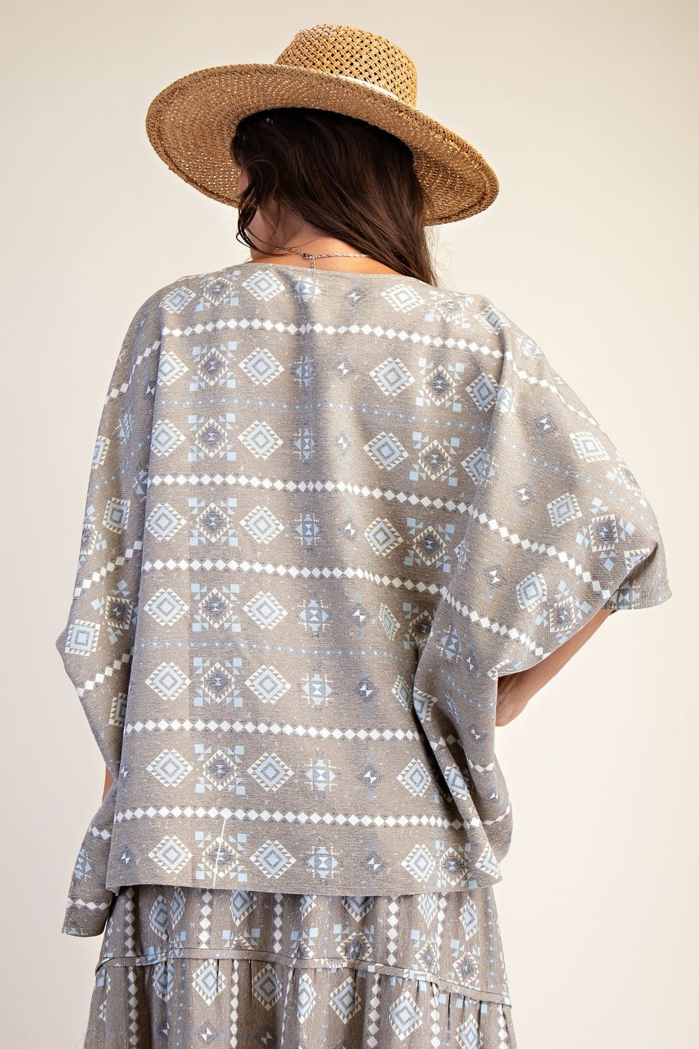 Easel Olive Ethnic Print Boxy Top