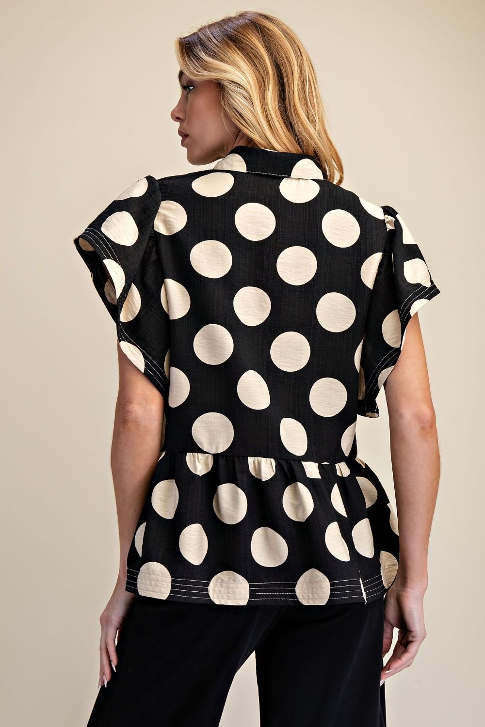 Easel Black Polka Dot Ruffle Top