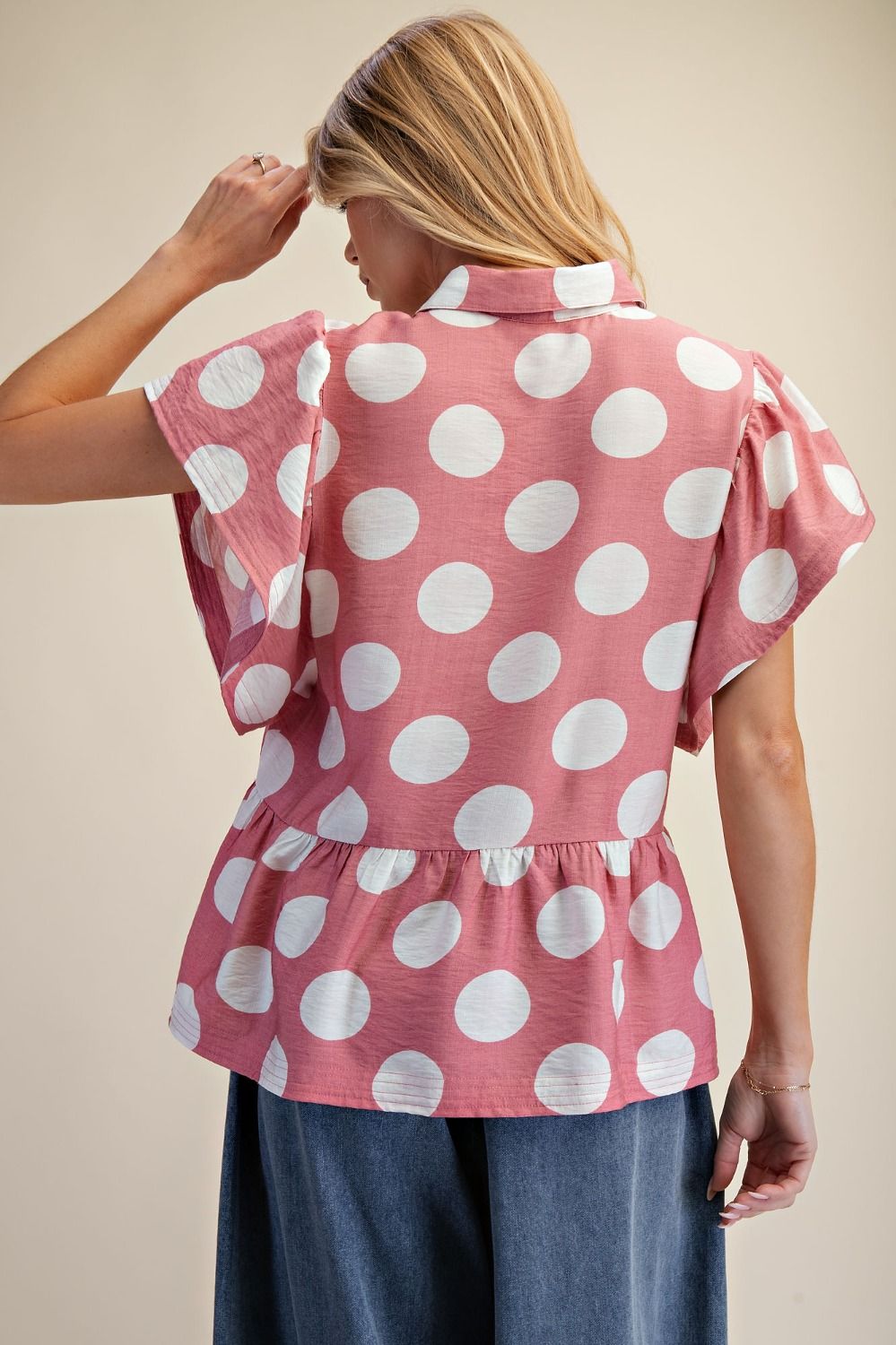 Easel Dusty Rose Polka Dot Ruffle Top
