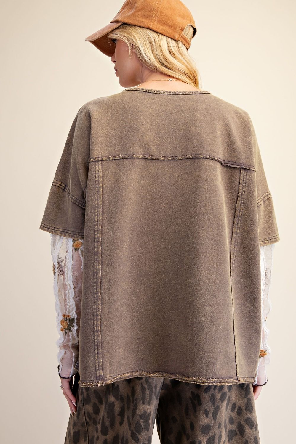 Easel Ash Peace Top with Floral Sheer Sleeves