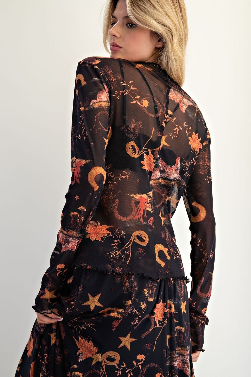 Easel Western Printed Mesh Top
