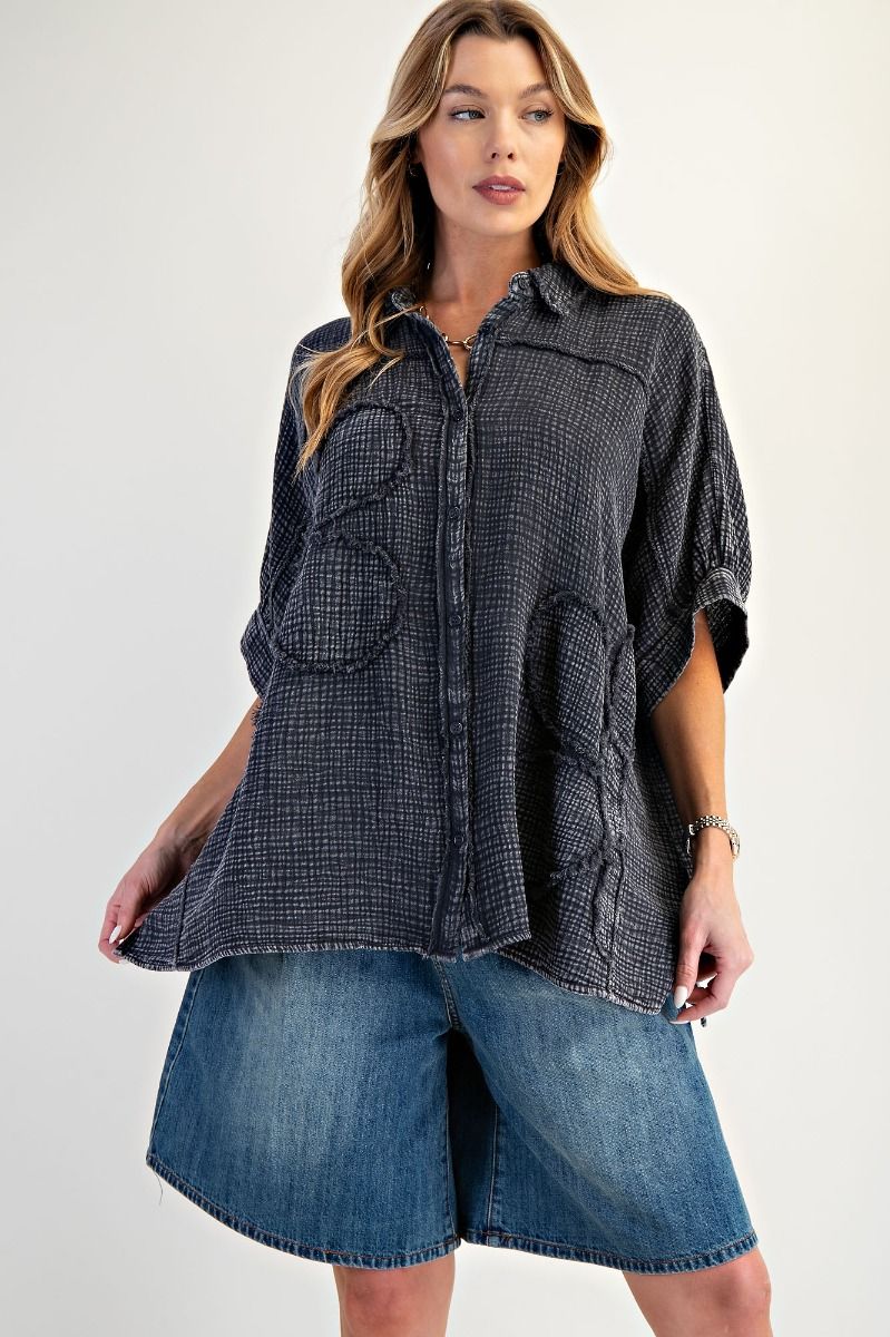 Easel Flower Patch Cotton Gauze Shirt Black