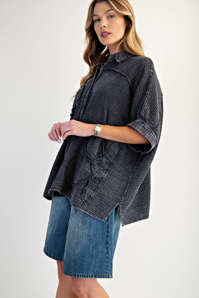 Easel Flower Patch Cotton Gauze Shirt Black