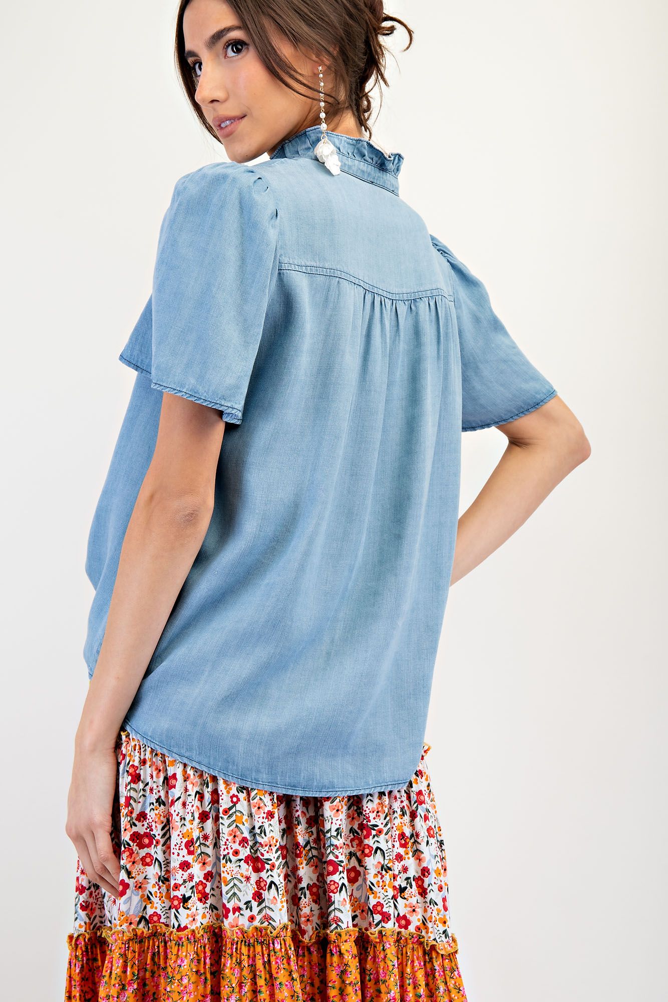 Easel Washed Denim Ruffle Top