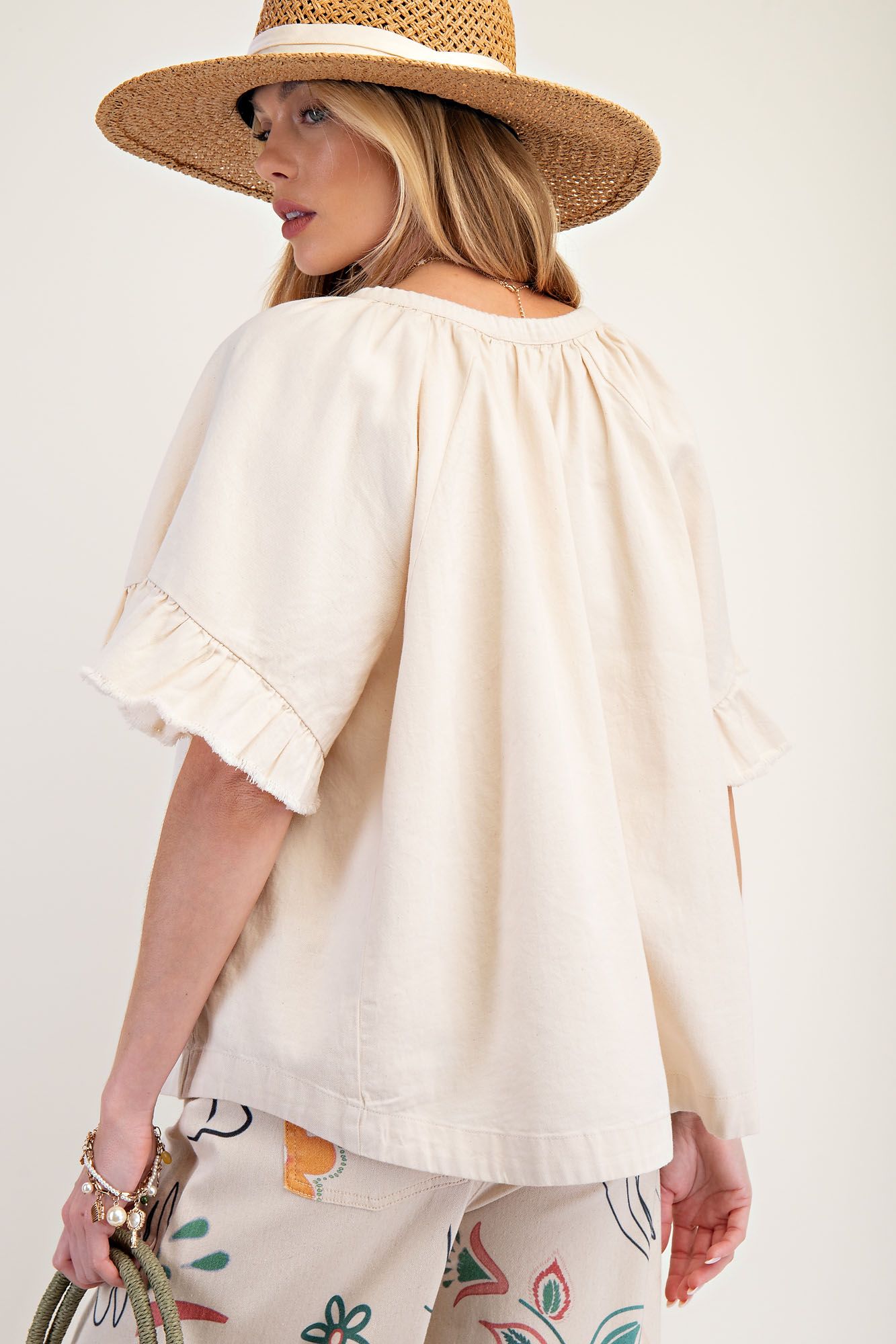 Easel Washed Chambray Woven Top Natural