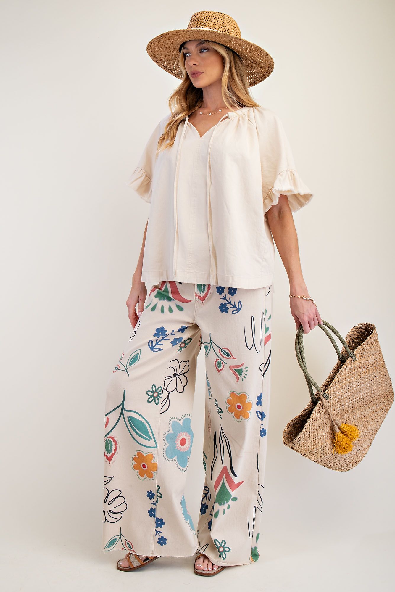 Easel Washed Chambray Woven Top Natural