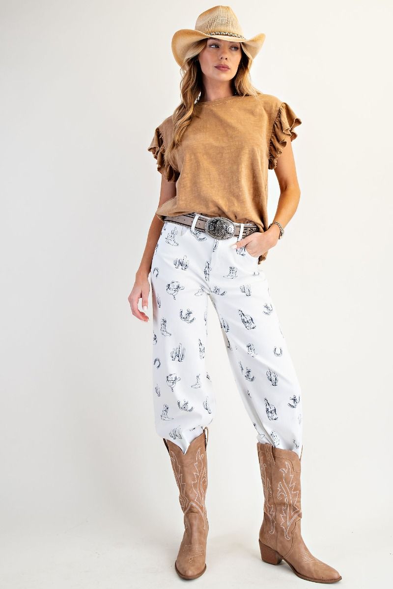 Easel Camel Ruffle Sleeve Top