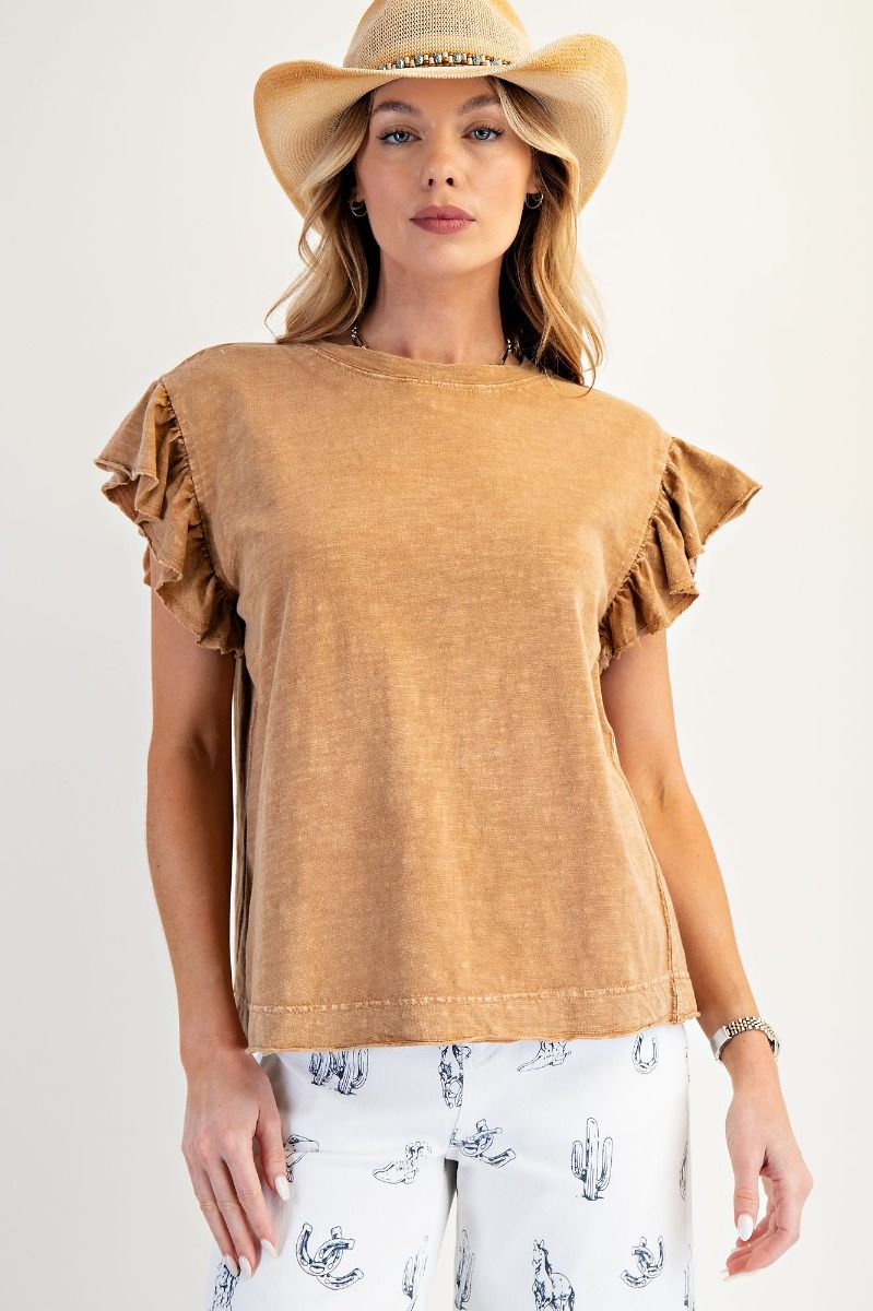 Easel Camel Ruffle Sleeve Top