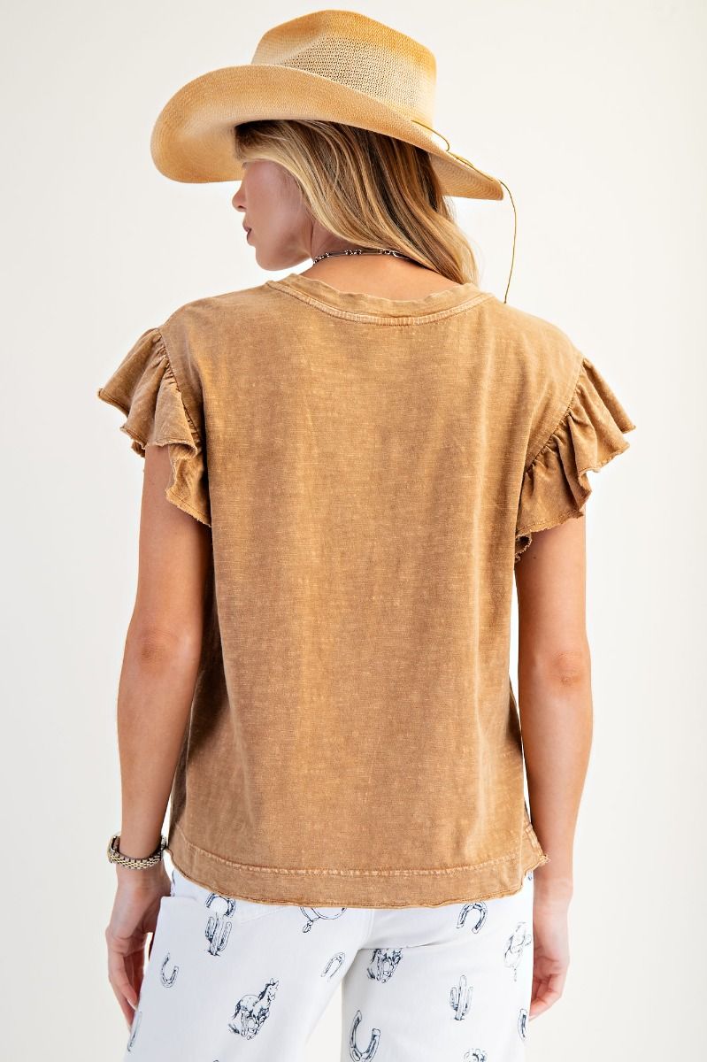 Easel Camel Ruffle Sleeve Top