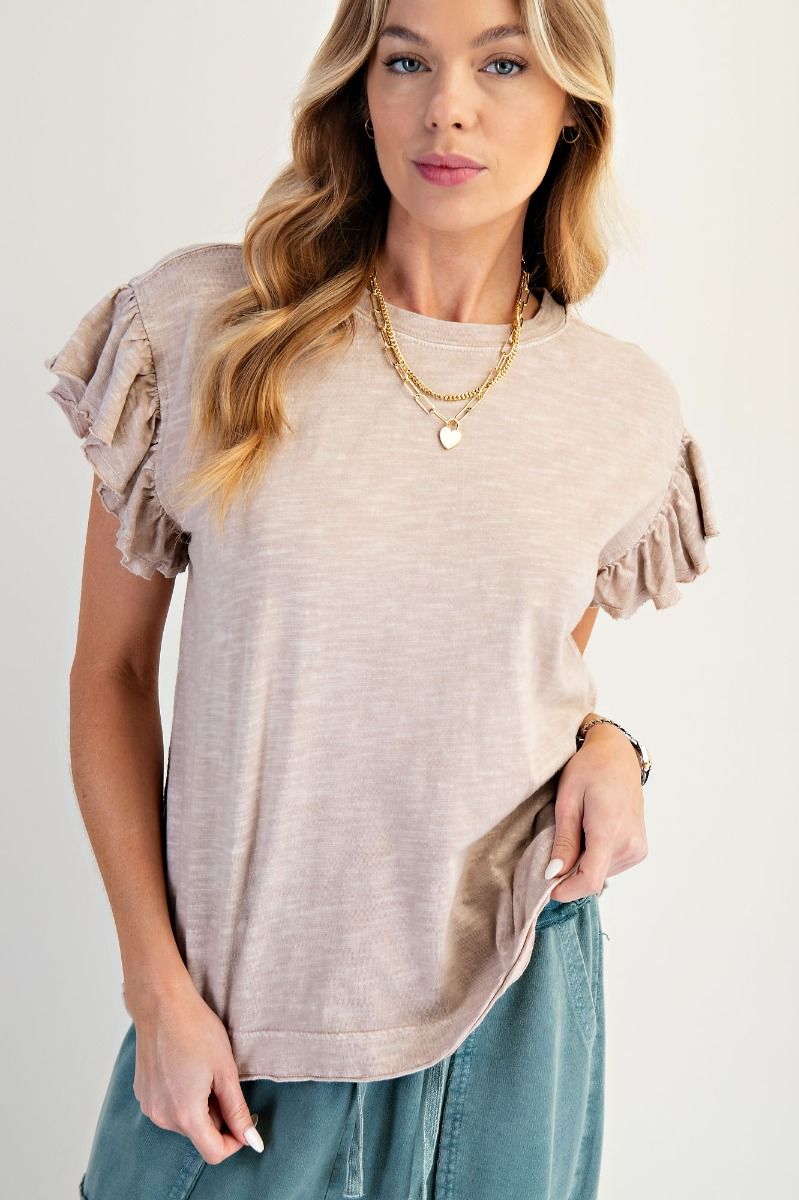 Easel Mushroom Ruffle Sleeve Top