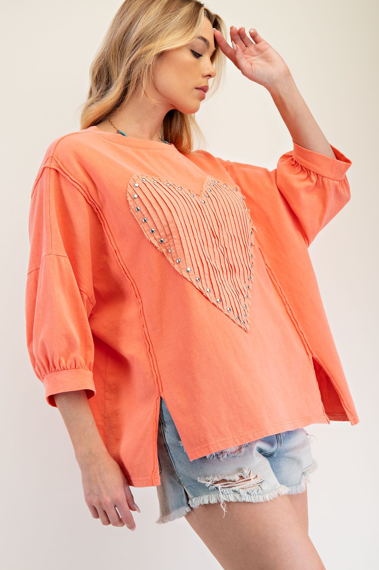 Easel Stud Heart Patch Knit Top Coral