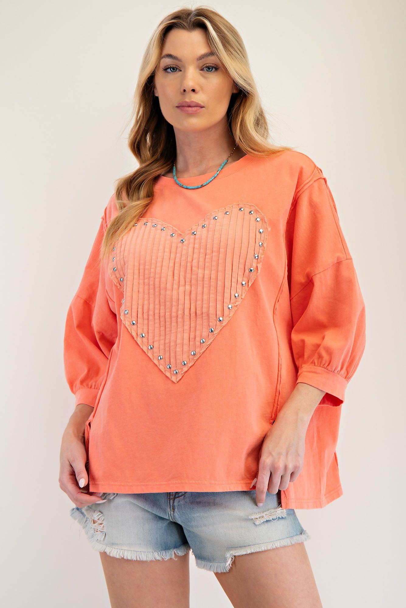 Easel Stud Heart Patch Knit Top Coral