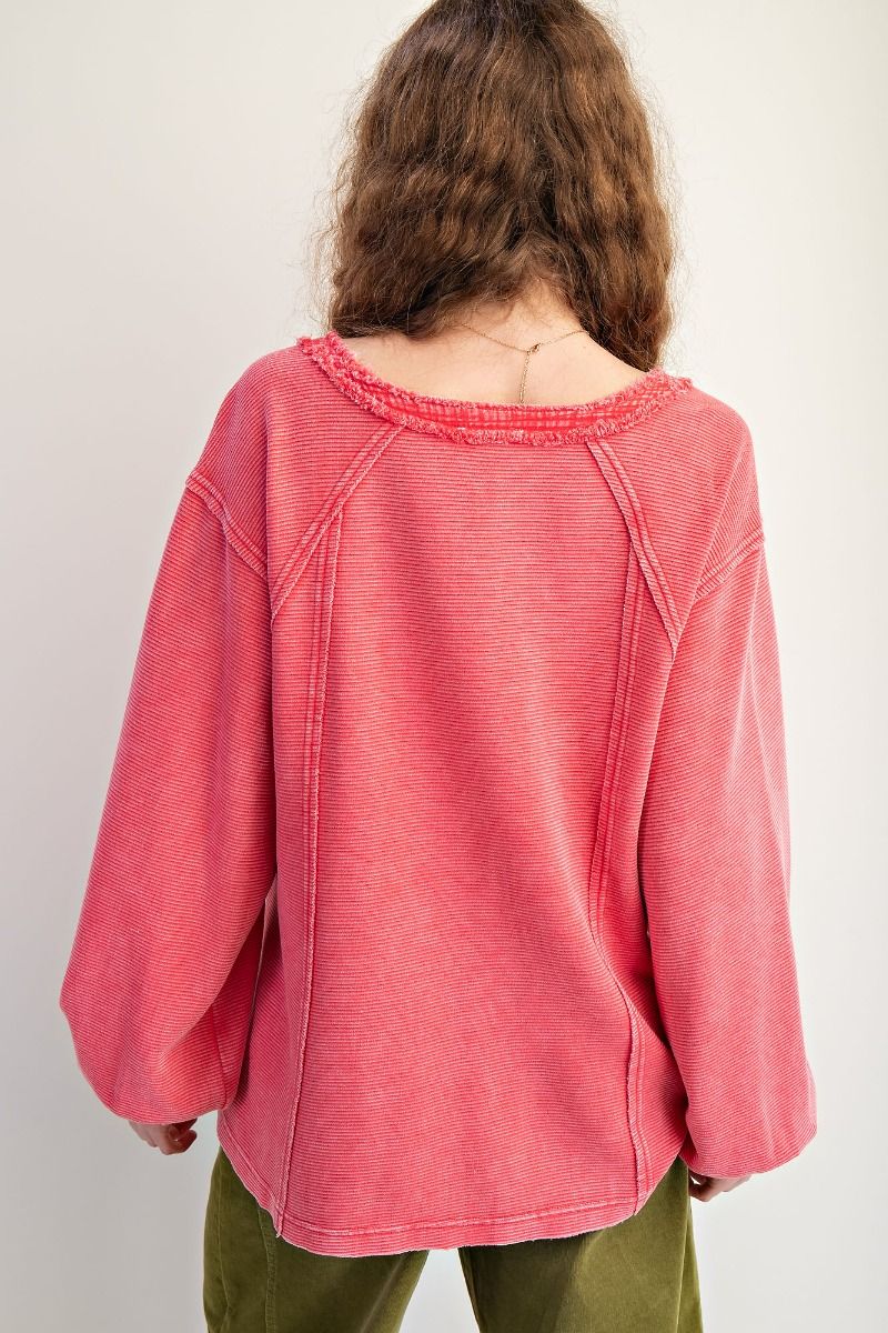 Textured Thermal Washed Henley Top Strawberry
