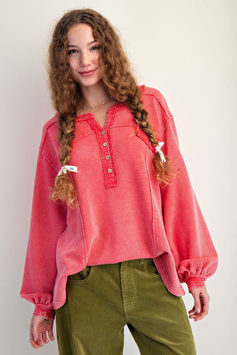 Textured Thermal Washed Henley Top Strawberry
