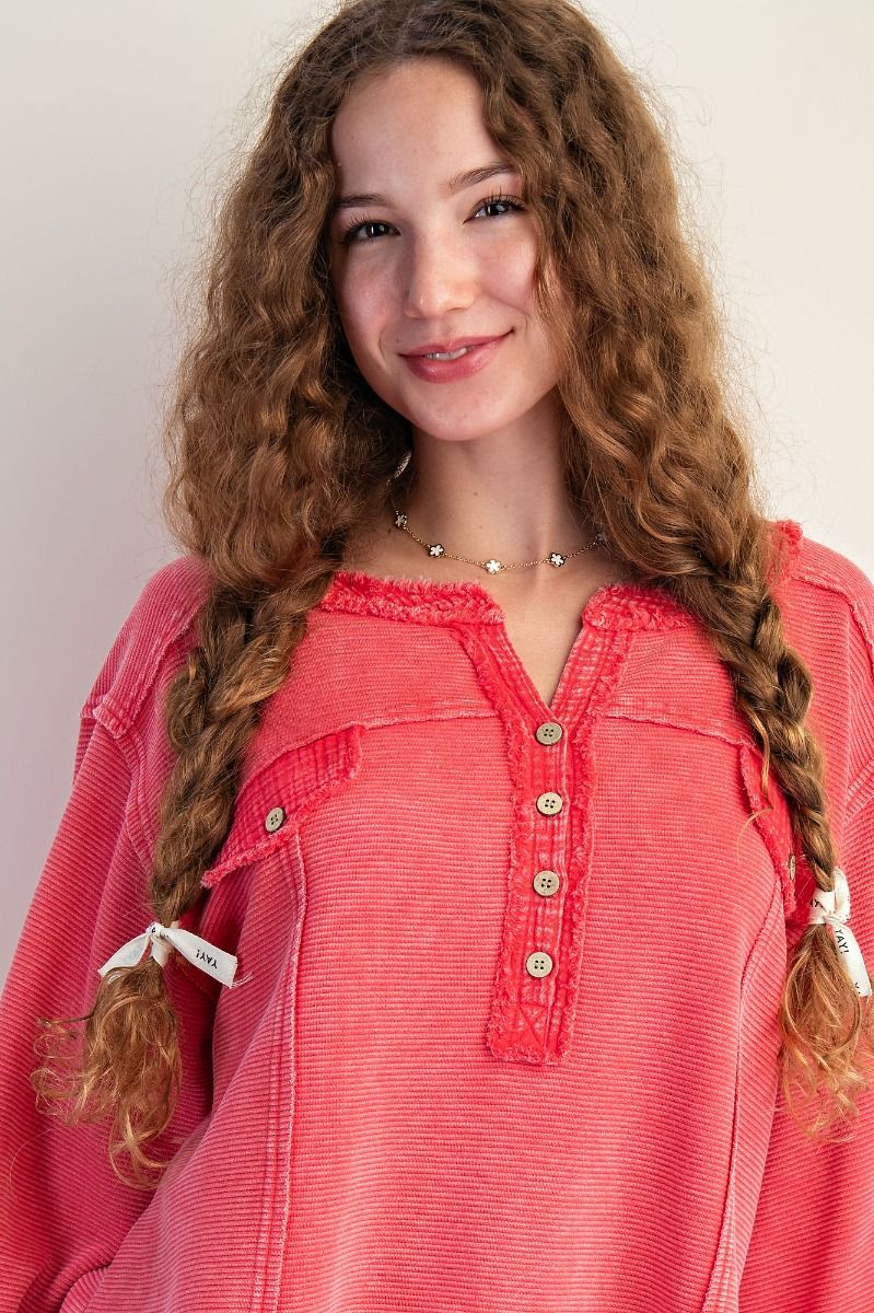 Textured Thermal Washed Henley Top Strawberry