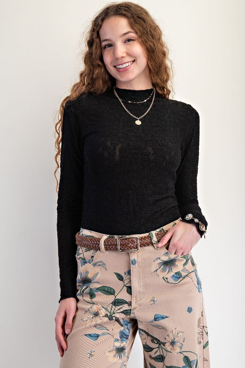 Burnout Lace Fitted Top Black