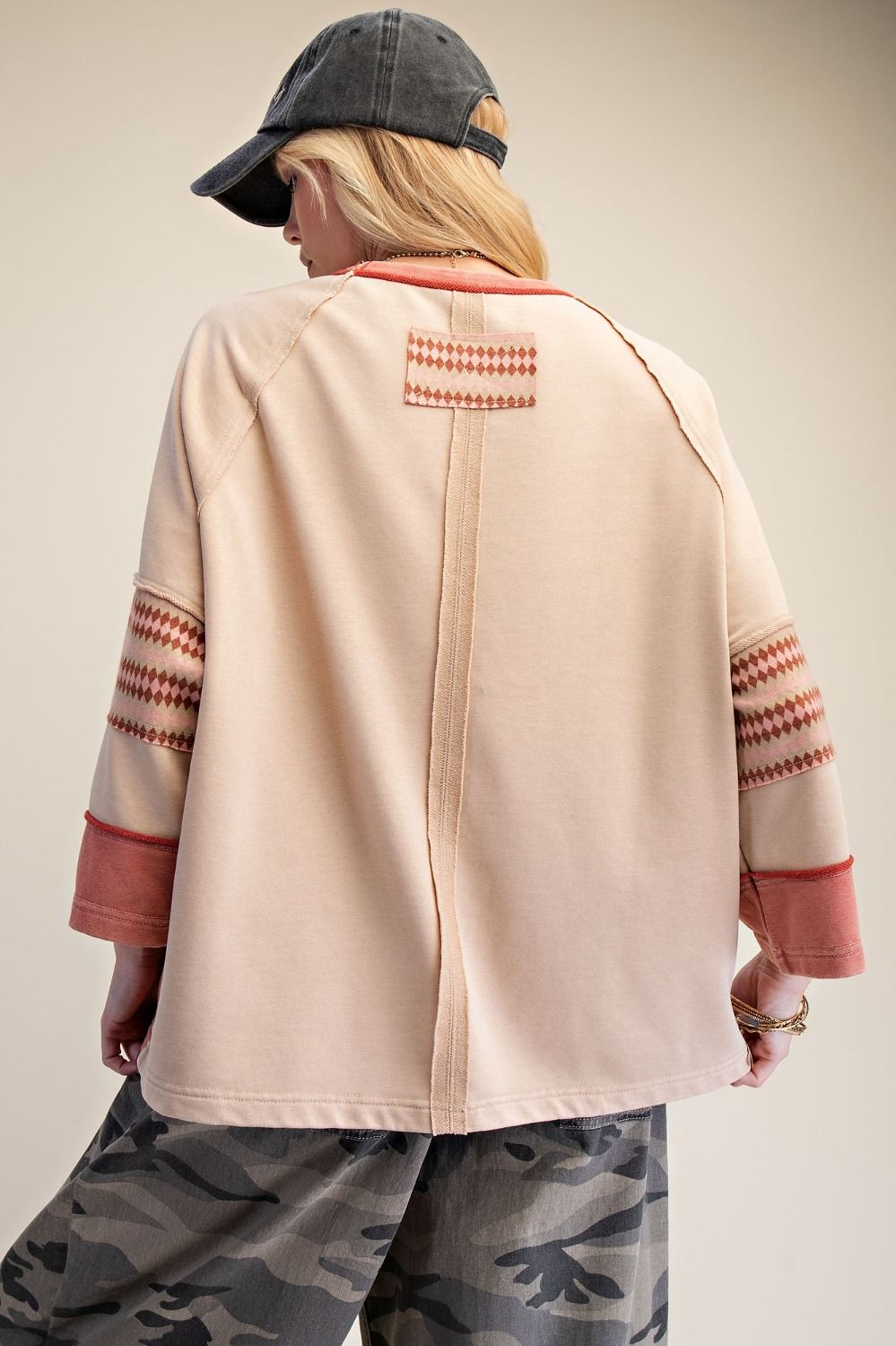 Easel Latte Ethnic Print Boxy Top