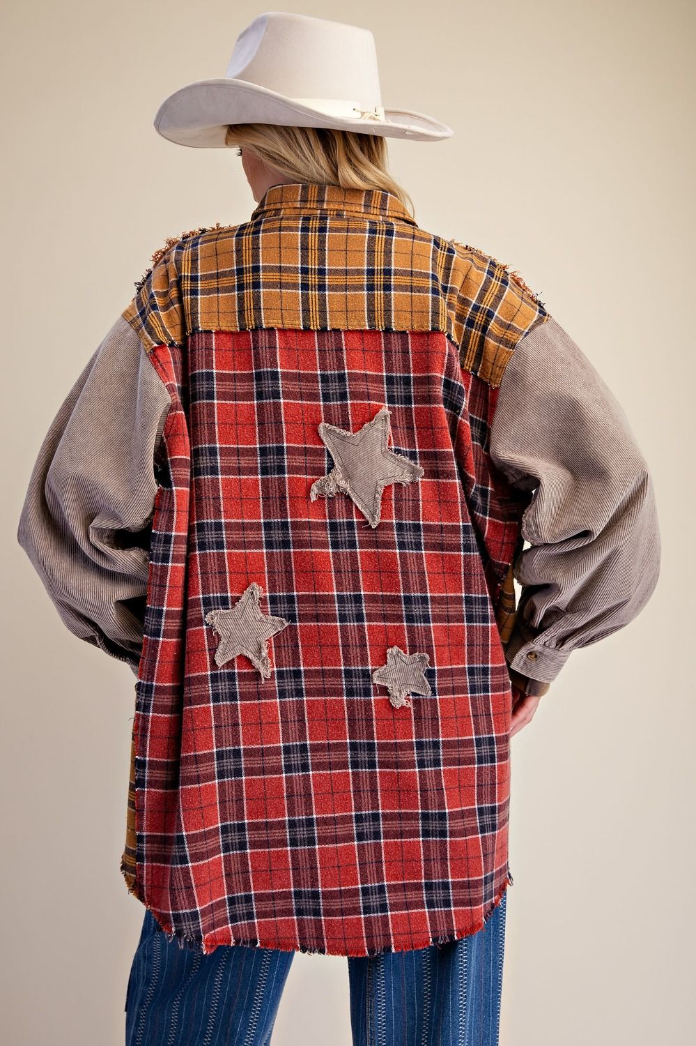 Easel Rust Wine Star Patch Flannel Shirt