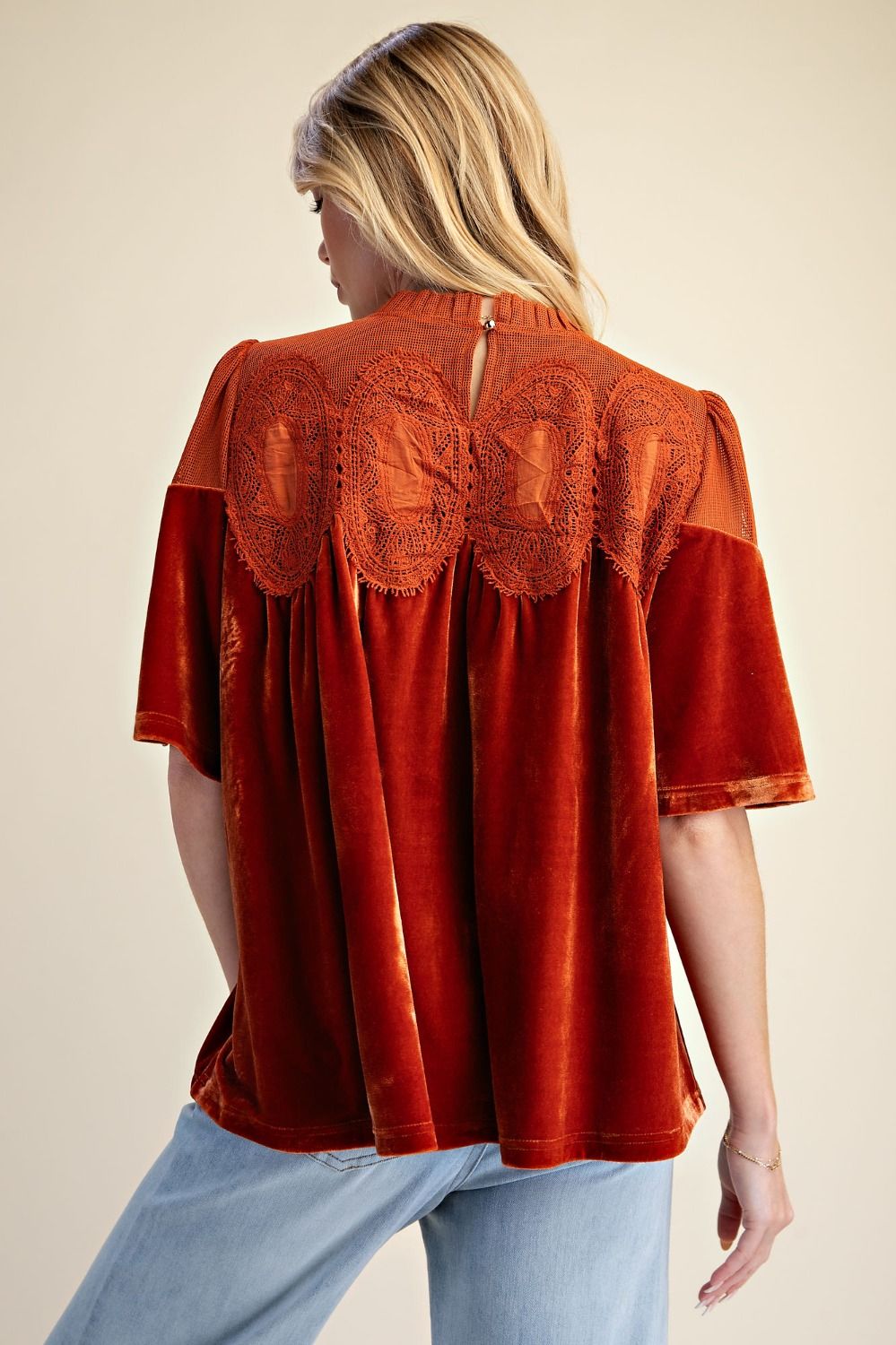 Easel Rust Half Sleeve Crochet Velvet Top