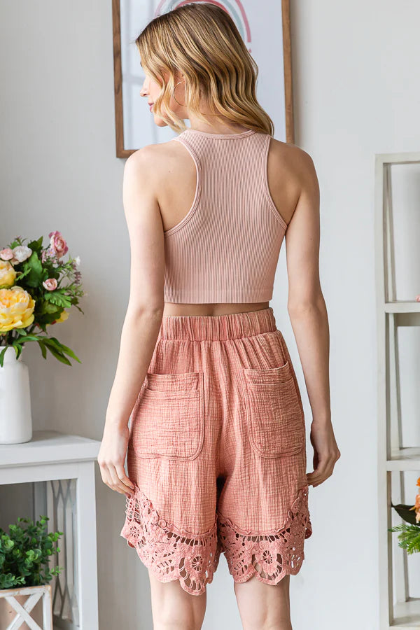 Oli & Hali Terracotta Lace Trimmed Long Shorts
