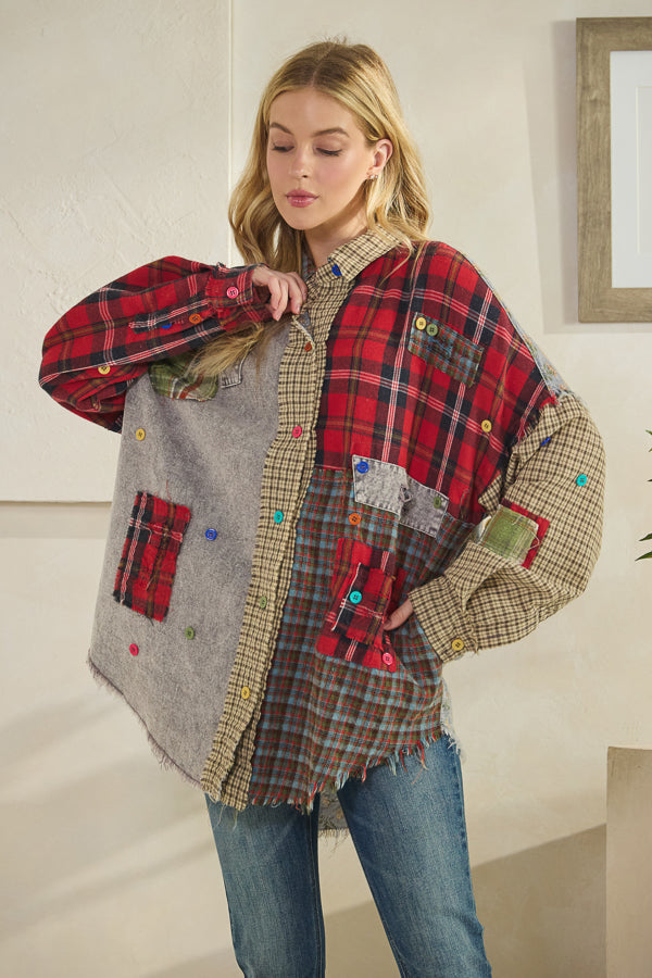 Oli & Hali Colorblock Patchwork Plaid Button Down Shirt Red