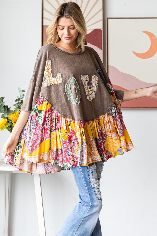 Round Neck Love Patchwork Ruffle Hem Top Oli & Hali Charcoal