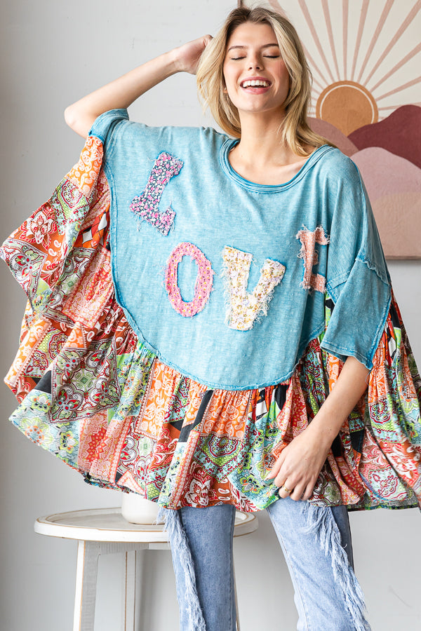 Round Neck Love Patchwork Ruffle Hem Top Oli & Hali Blue