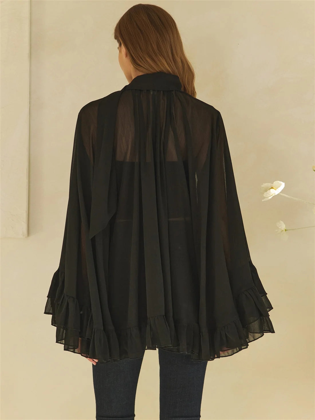 Oli & Hali Black Sheer Tie Neck Ruffle Top