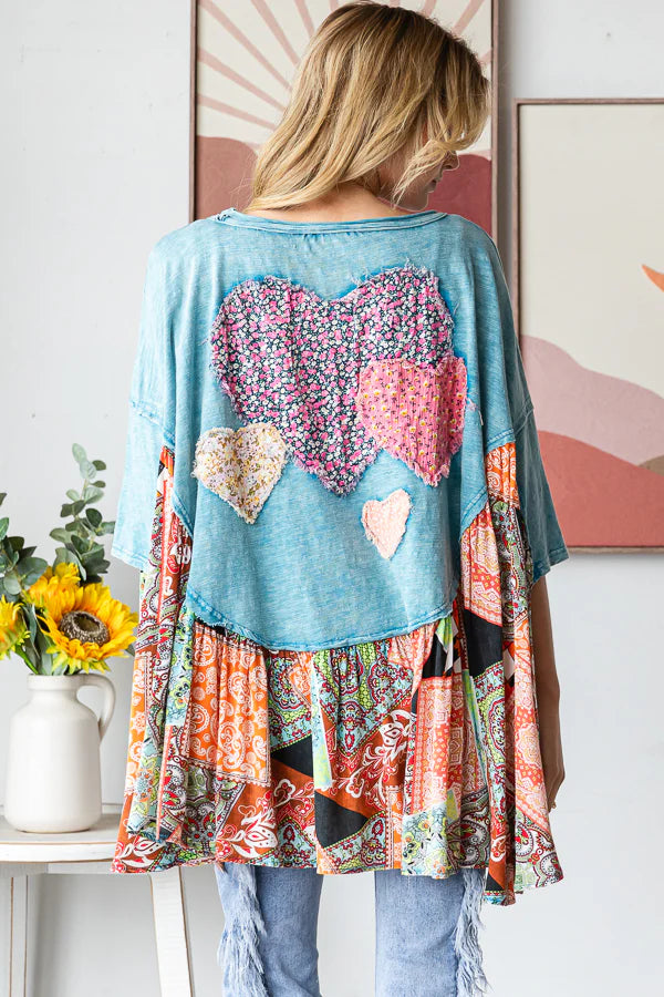 Round Neck Love Patchwork Ruffle Hem Top Oli & Hali Blue