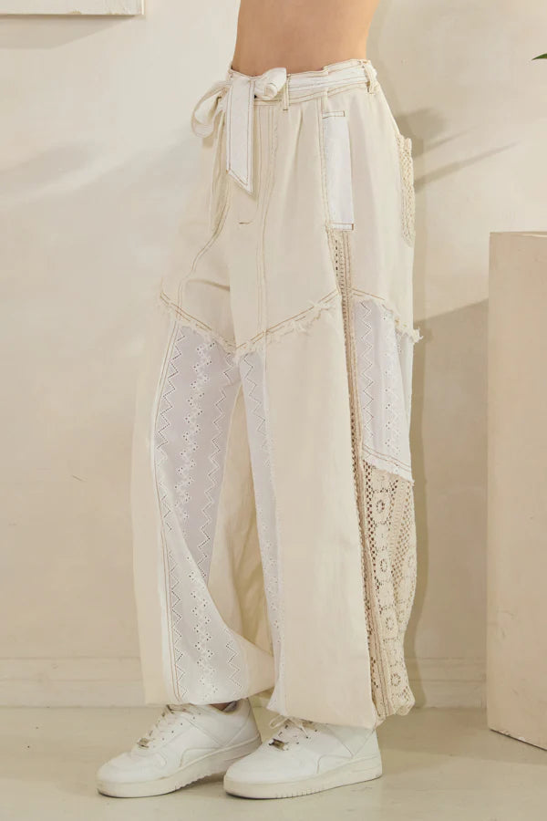Mixed Fabric Belted Jogger Pants Oli & Hali Cream