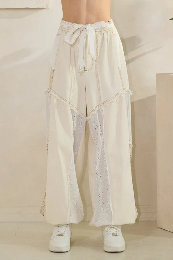 Mixed Fabric Belted Jogger Pants Oli & Hali Cream