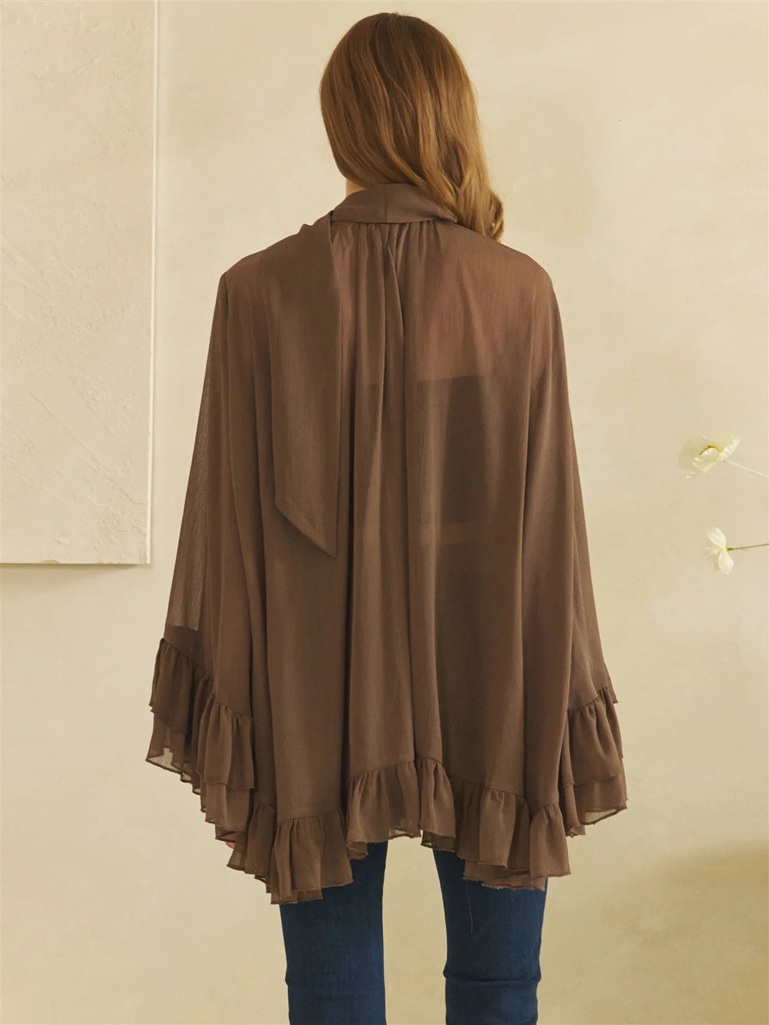 Oli & Hali Brown Sheer Tie Neck Ruffle Top