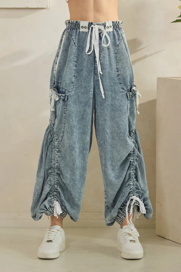 Drawstring Cinched Wide Leg Pants